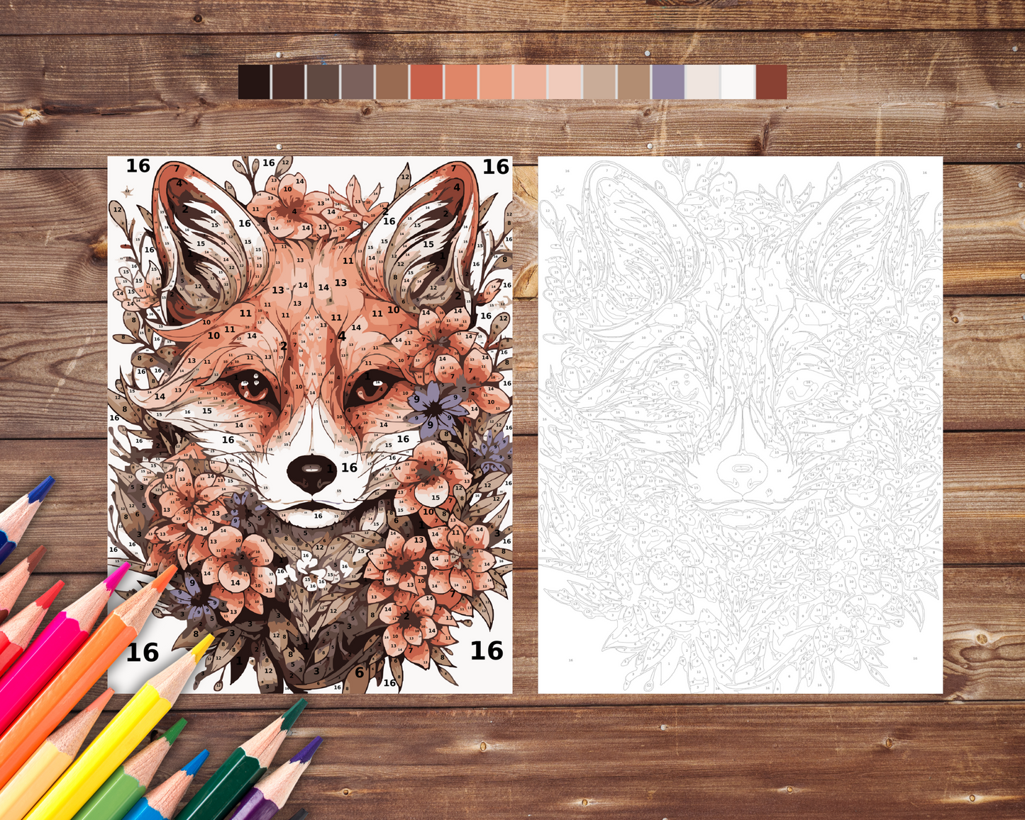 Color By Number for Adult, Fox Paint by Number, Printable Coloring Pages Sheets, Digital Download, PDF, PNG