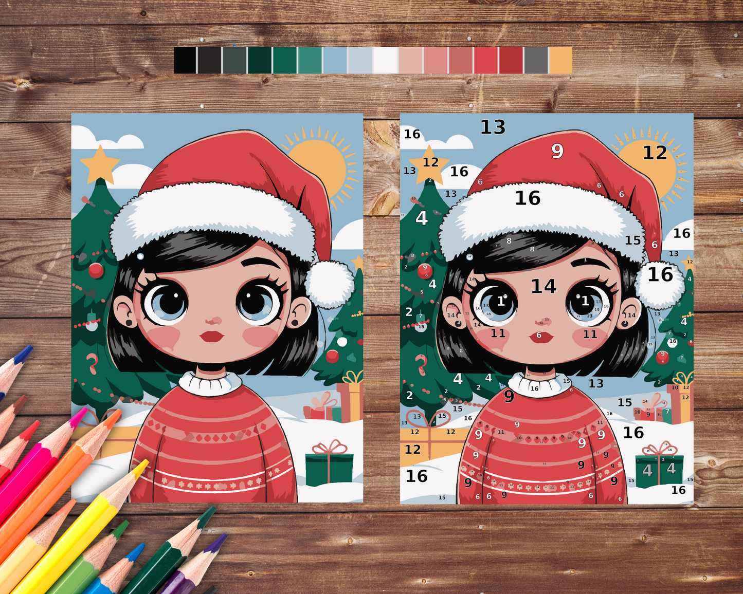 Kawaii Christmas Girl Color By Number, Digital Download