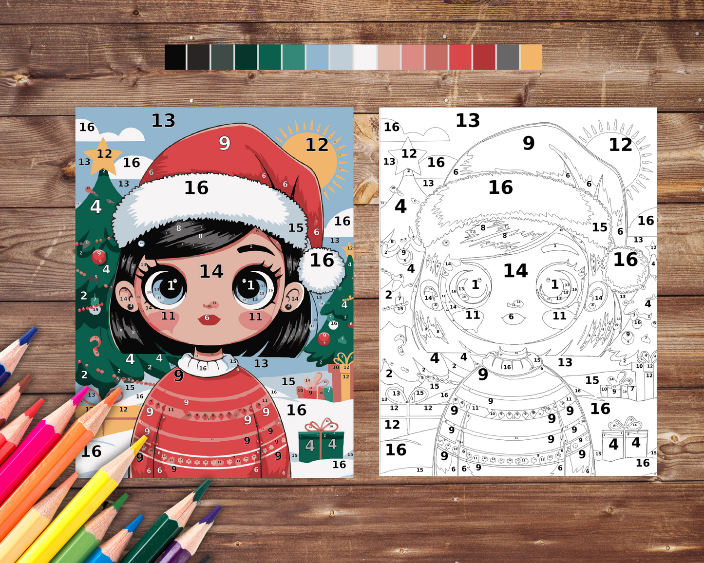 Kawaii Christmas Girl Color By Number, Digital Download