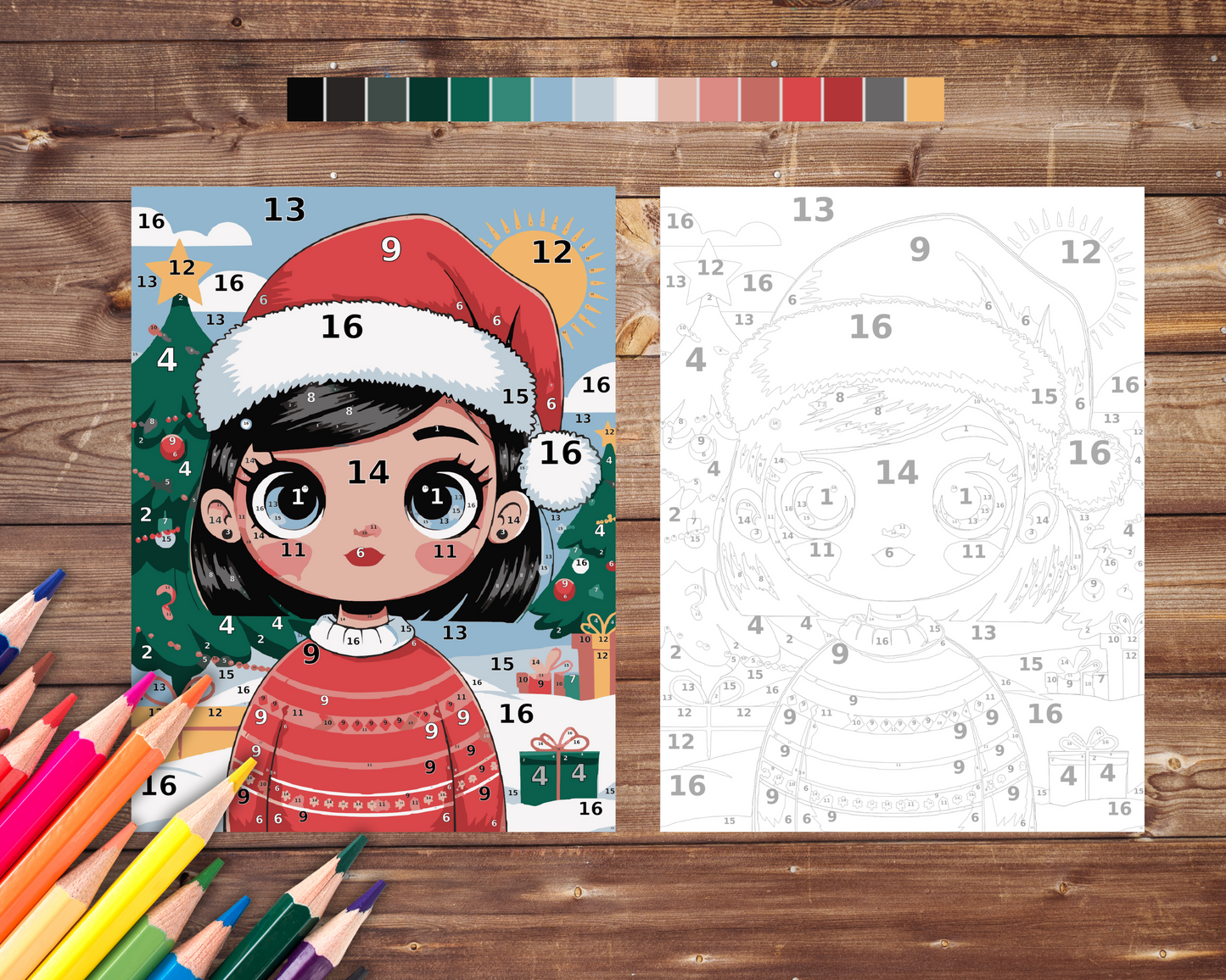 Kawaii Christmas Girl Color By Number, Digital Download