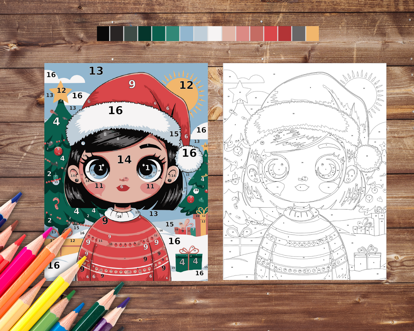 Kawaii Christmas Girl Color By Number, Digital Download