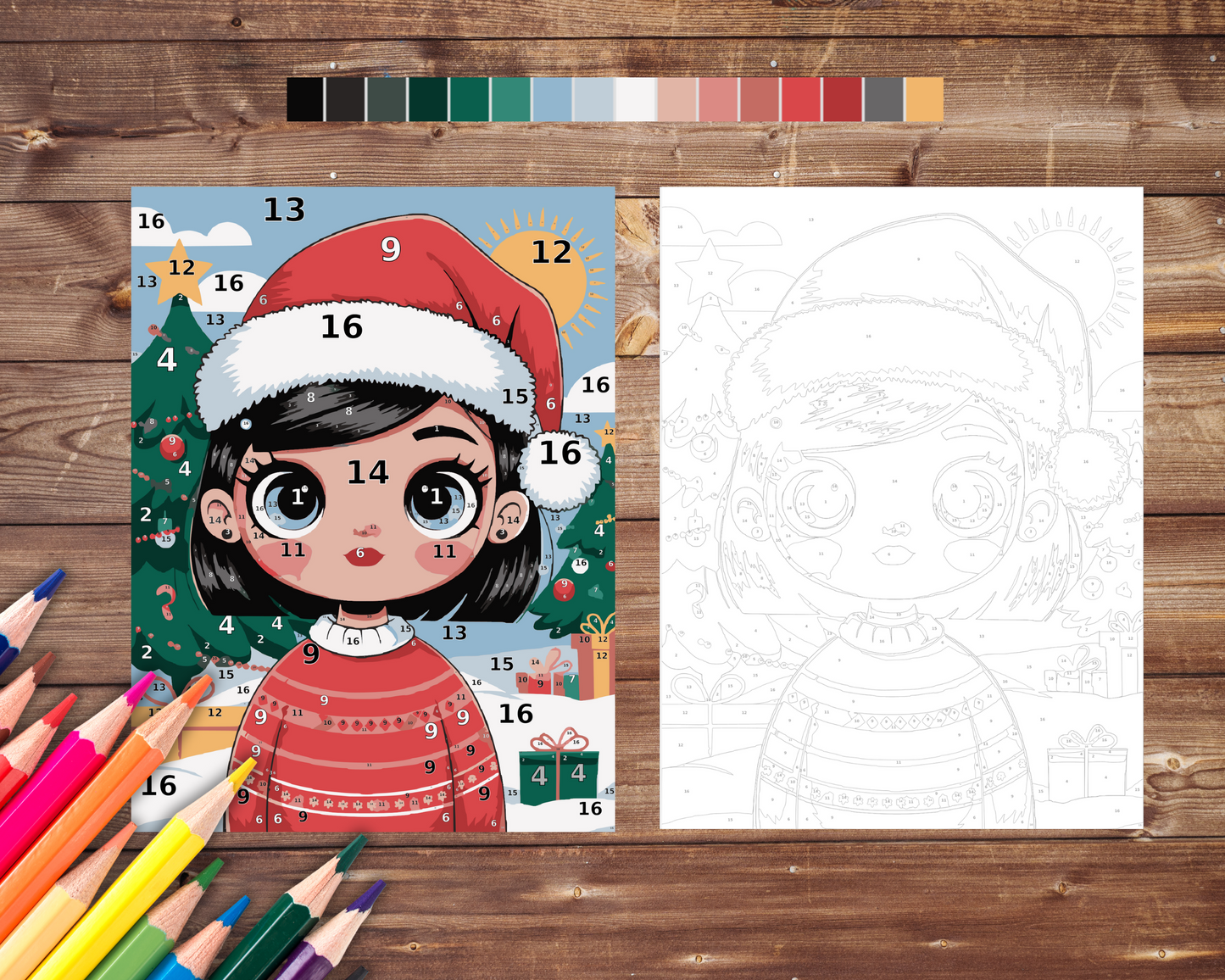 Kawaii Christmas Girl Color By Number, Digital Download