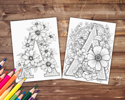 86 Alphabet and Numbers Coloring Book, Grayscale Letters Coloring Pages for Adults, Flowers, Printable PDF, Instant Download