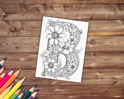 86 Alphabet and Numbers Coloring Book, Grayscale Letters Coloring Pages for Adults, Flowers, Printable PDF, Instant Download