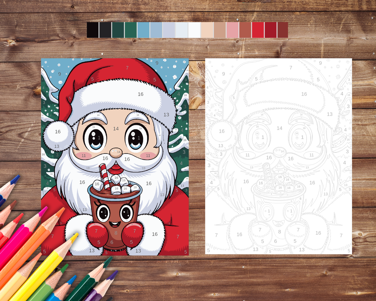 Kawaii Santa Color By Number, Digital Download