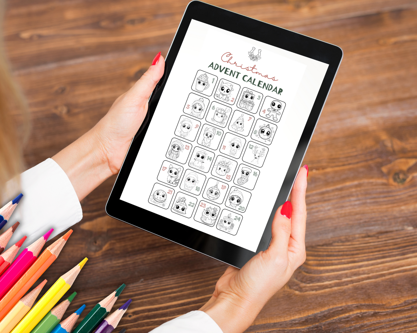 Kawaii Christmas Advent Calendar Coloring Book, Printable Countdown to Christmas for Adults and Kids, Instant Download, Cute Coloring Pages