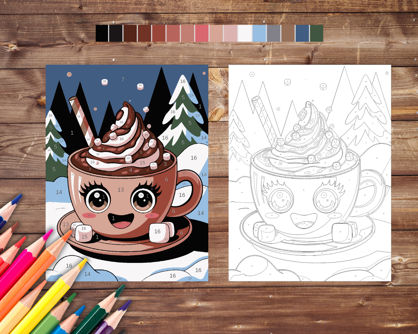 Hot Cocoa Kawaii Color By Number, Digital Download