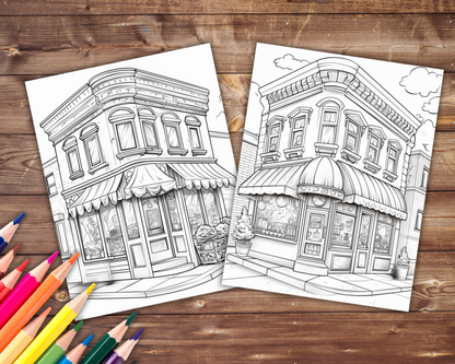 Cute Storefronts Coloring Book, Digital Download