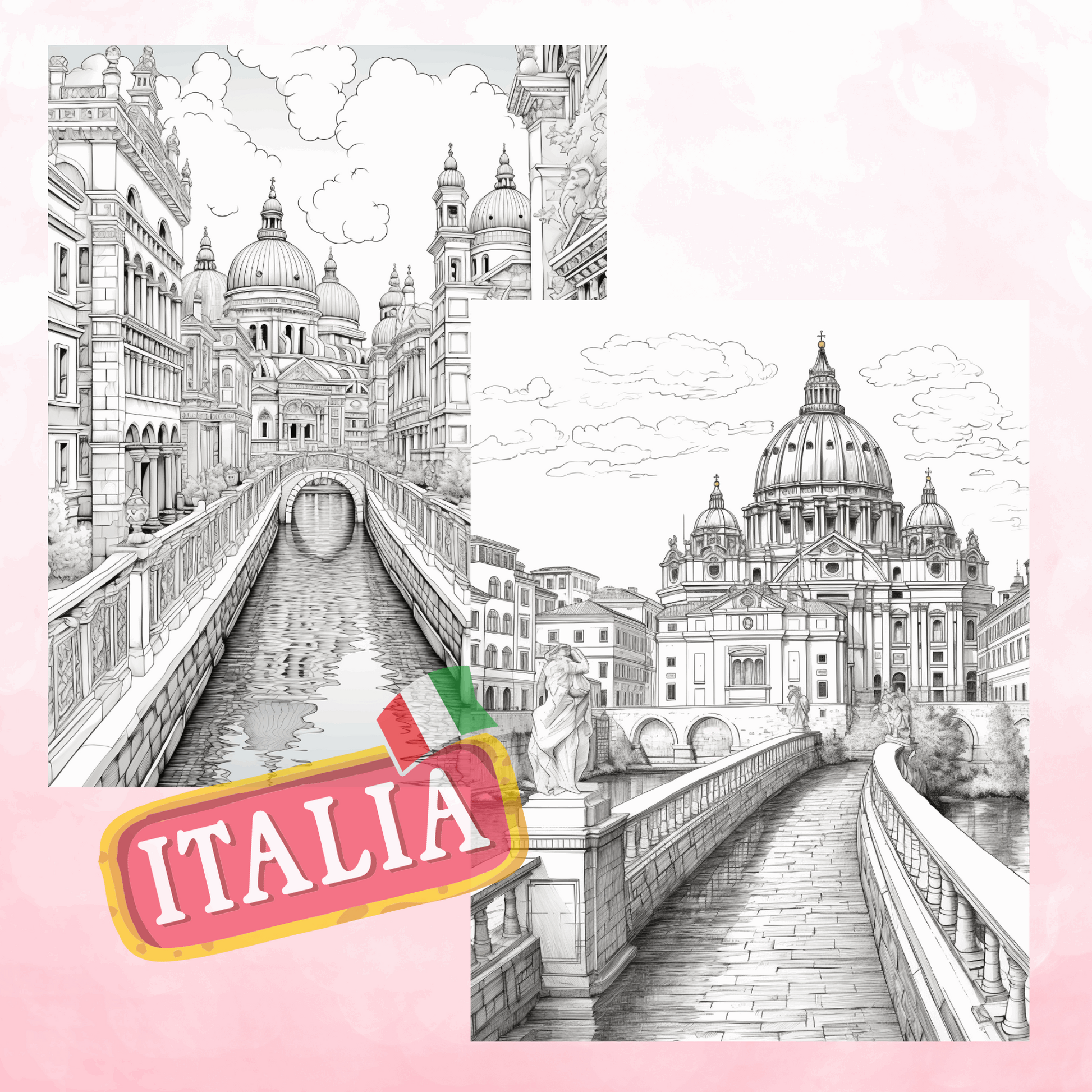 30 Grayscale Italy Coloring Book, Travel Destinations Coloring for Adults, Printable PDF