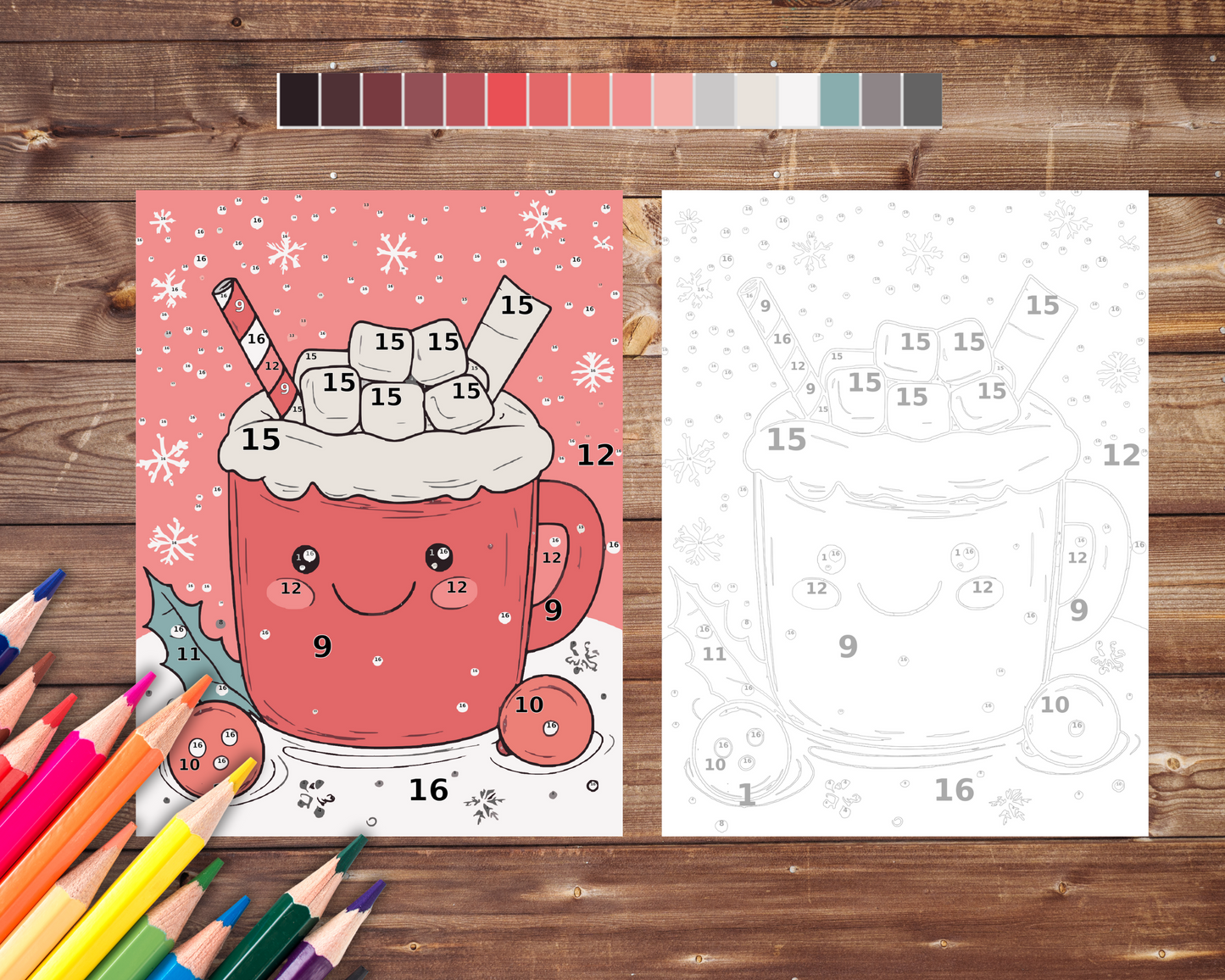 Christmas Cocoa Kawaii Color By Number, Digital Download