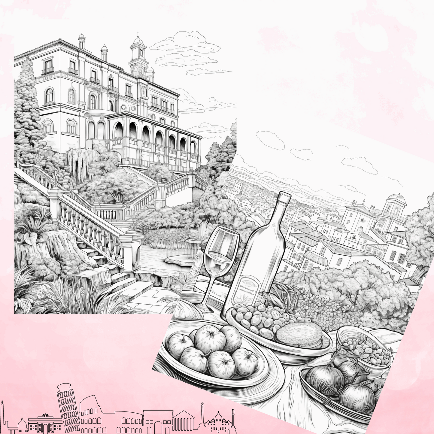 30 Grayscale Italy Coloring Book, Travel Destinations Coloring for Adults, Printable PDF