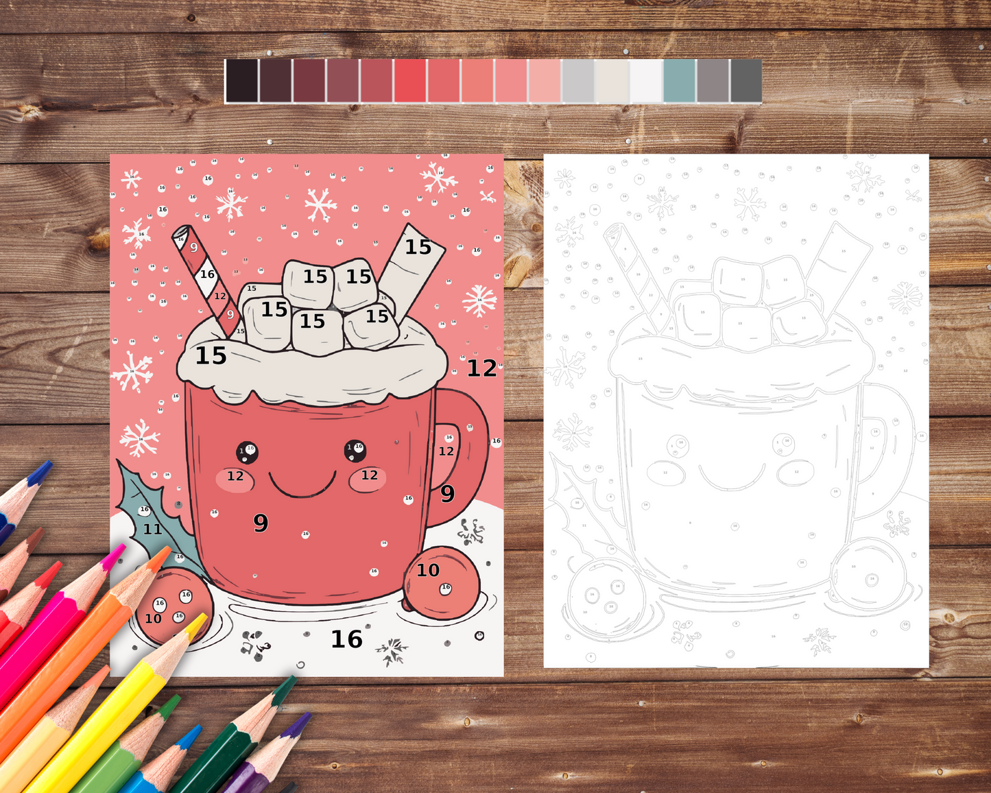 Christmas Cocoa Kawaii Color By Number, Digital Download