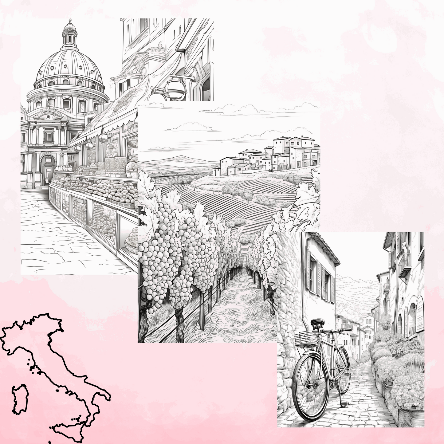 30 Grayscale Italy Coloring Book, Travel Destinations Coloring for Adults, Printable PDF