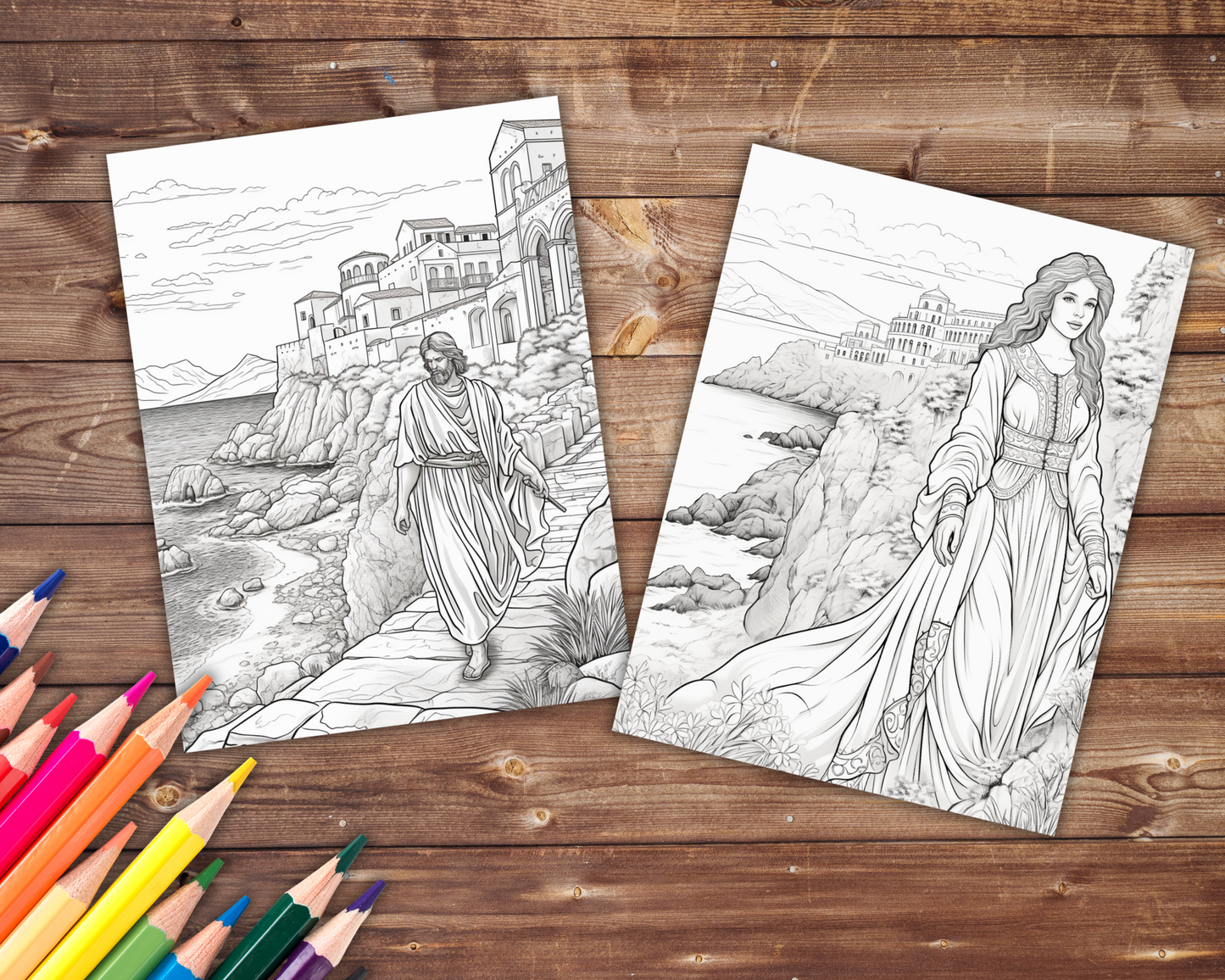 45 Grayscale Greece Coloring Book, Travel Coloring Pages for Adults, Printable PDF