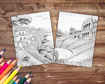 45 Grayscale Greece Coloring Book, Travel Coloring Pages for Adults, Printable PDF