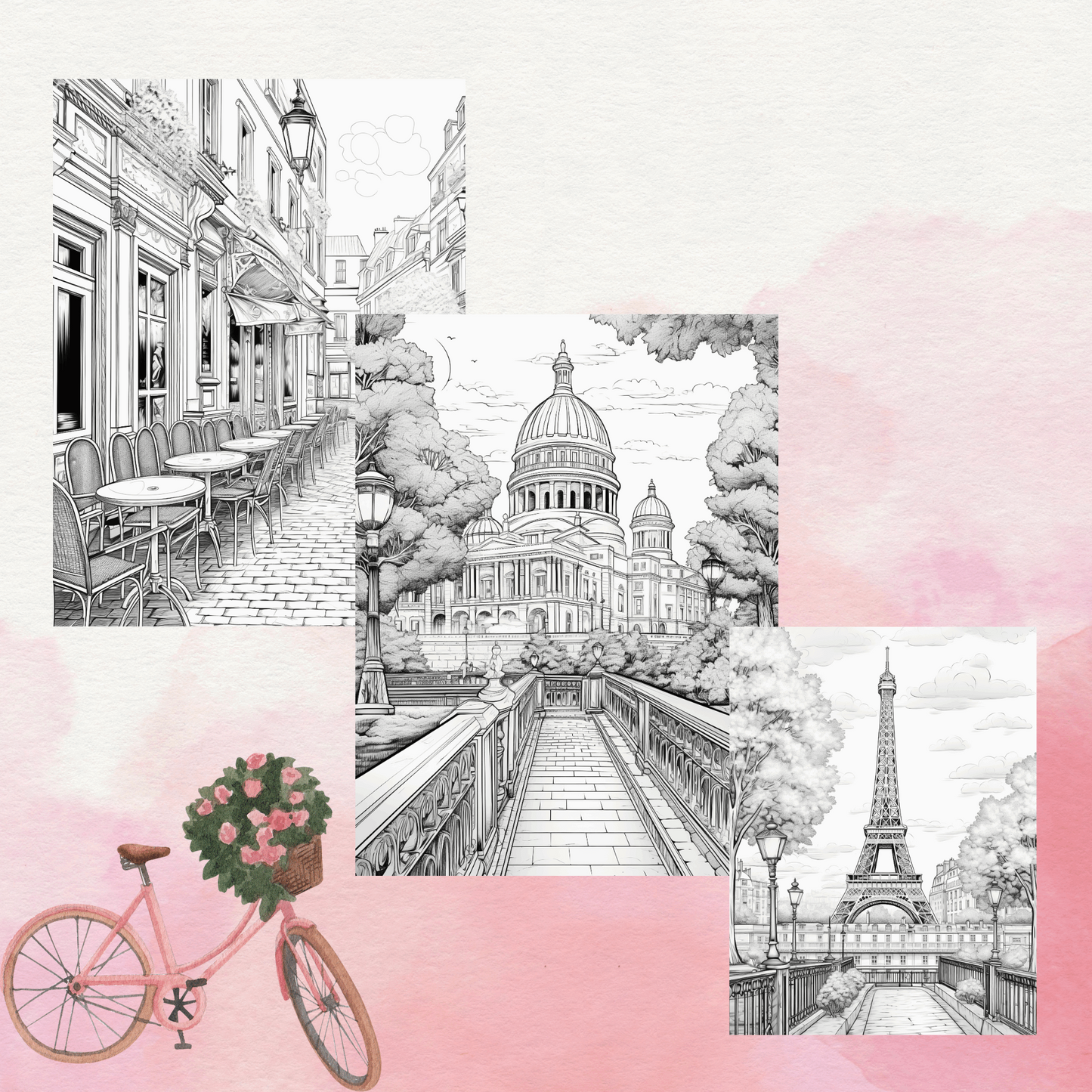 30 Grayscale Paris Coloring Book, Travel Coloring Pages for Adults, Printable PDF