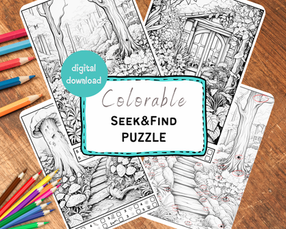 Colorable Hidden Objects Puzzle, Printable Seek and Find Game, Kids Adults Activity Pages, Relaxing Activity, Instant Download