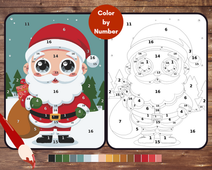 Kawaii Santa Color By Number, Easy Christmas Paint by Number, Printable Coloring Pages Sheets, Digital Download, PDF, PNG, SVG