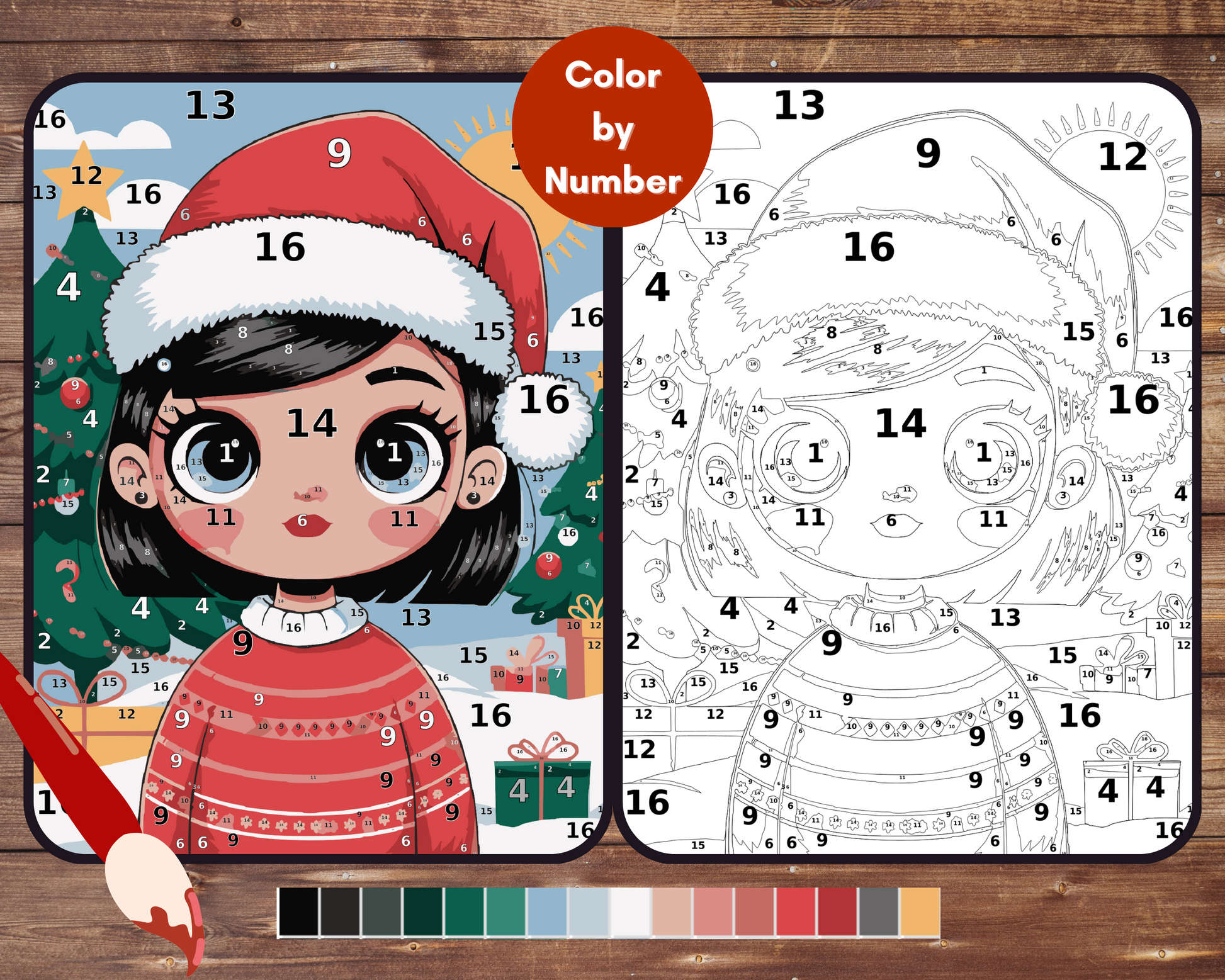 Kawaii Christmas Girl Color By Number, Christmas Paint by Number, Printable Coloring Pages Sheets, Digital Download, PDF, PNG, SVG
