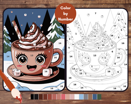 Hot Cocoa Kawaii Color By Number, Easy Christmas Paint by Number, Printable Coloring Winter Pages, Digital Download, PDF, PNG, SVG