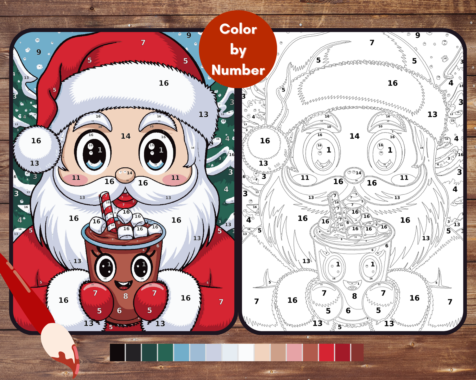 Kawaii Santa Color By Number, Easy Christmas Paint by Number, Printable Coloring Pages Sheets, Digital Download, PDF, PNG, SVG