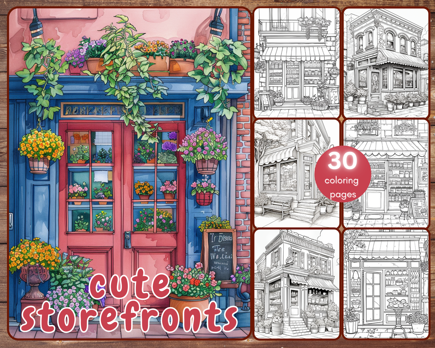 30 Cute Storefronts Coloring Book, Grayscale Shopfronts Coloring Pages for Adults, Procreate, PNG, Printable PDF, Instant Download