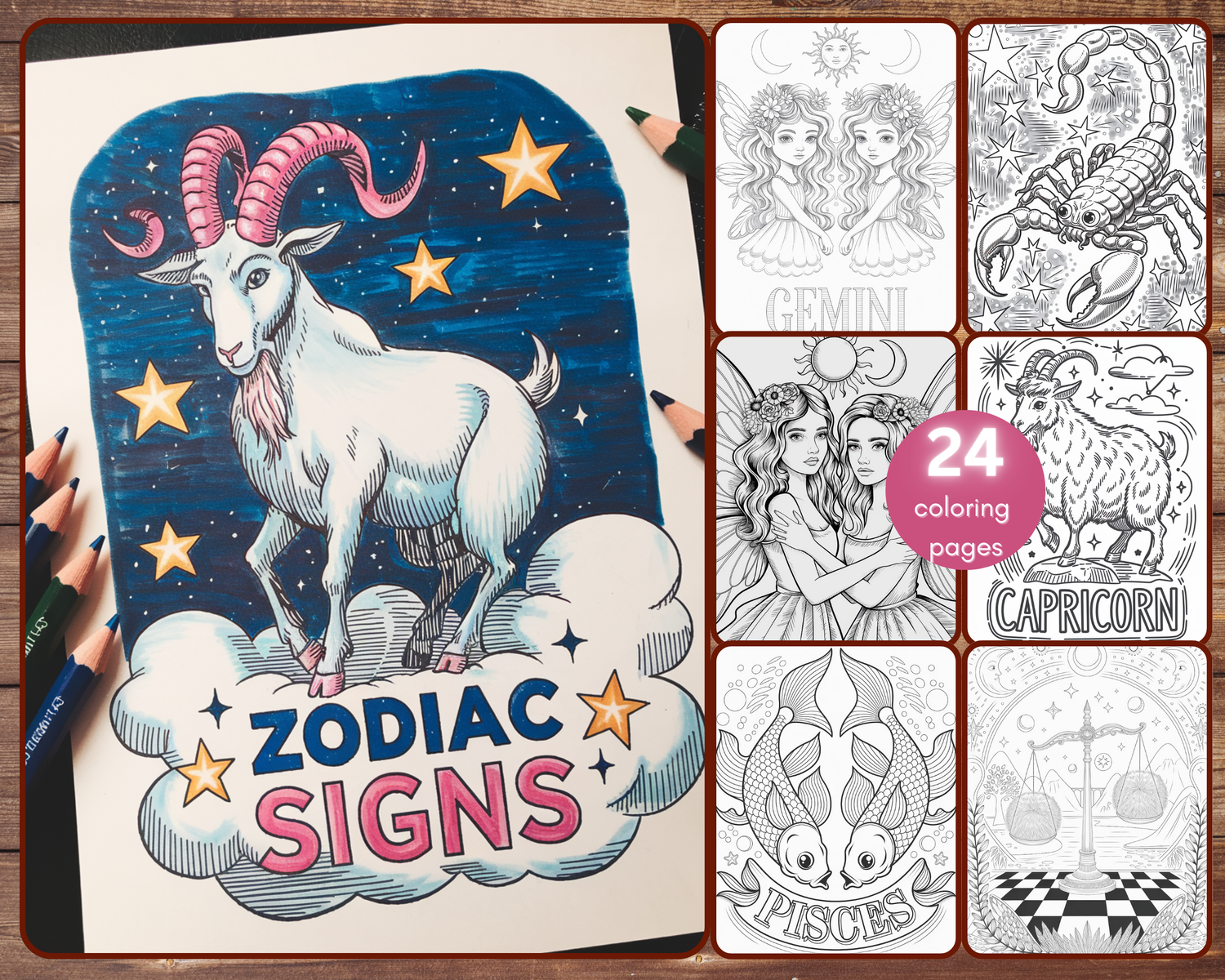 24 Zodiac Signs Coloring Book, Easy Astrology Coloring Pages for Adults, Celestial, Printable PDF, Instant Download
