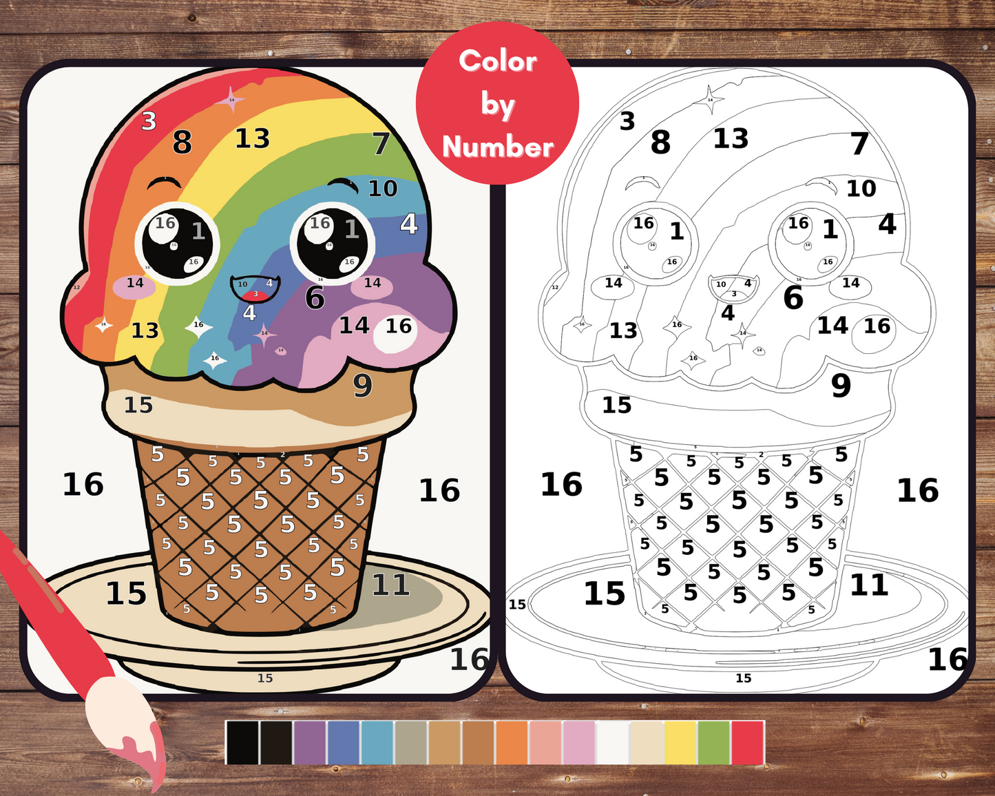 Food Kawaii Color By Number, Easy Rainbow Icecream Cone Paint by Number, Printable Coloring Pages, Digital Download, PDF, PNG, SVG