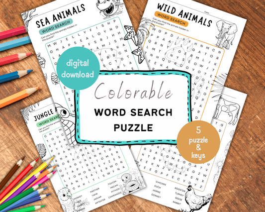 5 Colorable Animal Word Search Puzzle, Printable Animal Puzzle, Easy Word Search for Kids, Relaxing Activity, Instant Download