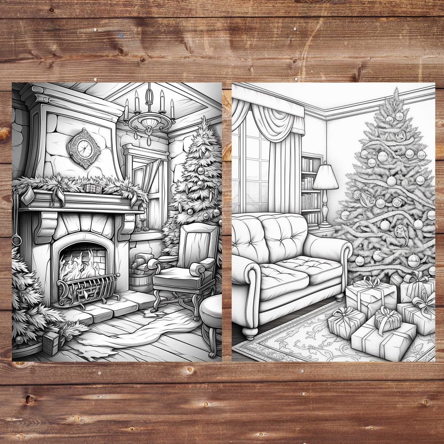 60+5 Christmas Coloring Book Bundle, Grayscale Printable PDF Christmas Houses Inside and Outside, Interiors Exteriors, Christmas Tree, Santa