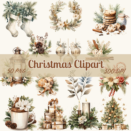 50 Christmas Clipart Bundle, Cozy Christmas, Neutral Color, Holiday Clipart, Christmas Tree, Ornaments, Watercolor Christmas Wreath