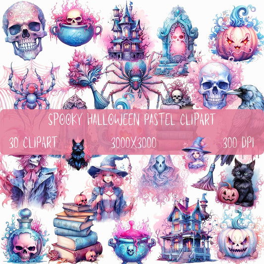 30 Spooky Halloween Pastel Clipart Bundle, Pastelloween, Cute Halloween Clipart, Commercial Use, Instant Download