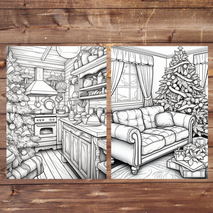 60+5 Christmas Coloring Book Bundle, Grayscale Printable PDF Christmas Houses Inside and Outside, Interiors Exteriors, Christmas Tree, Santa