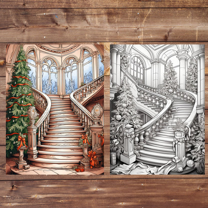 60+5 Christmas Coloring Book Bundle, Grayscale Printable PDF Christmas Houses Inside and Outside, Interiors Exteriors, Christmas Tree, Santa