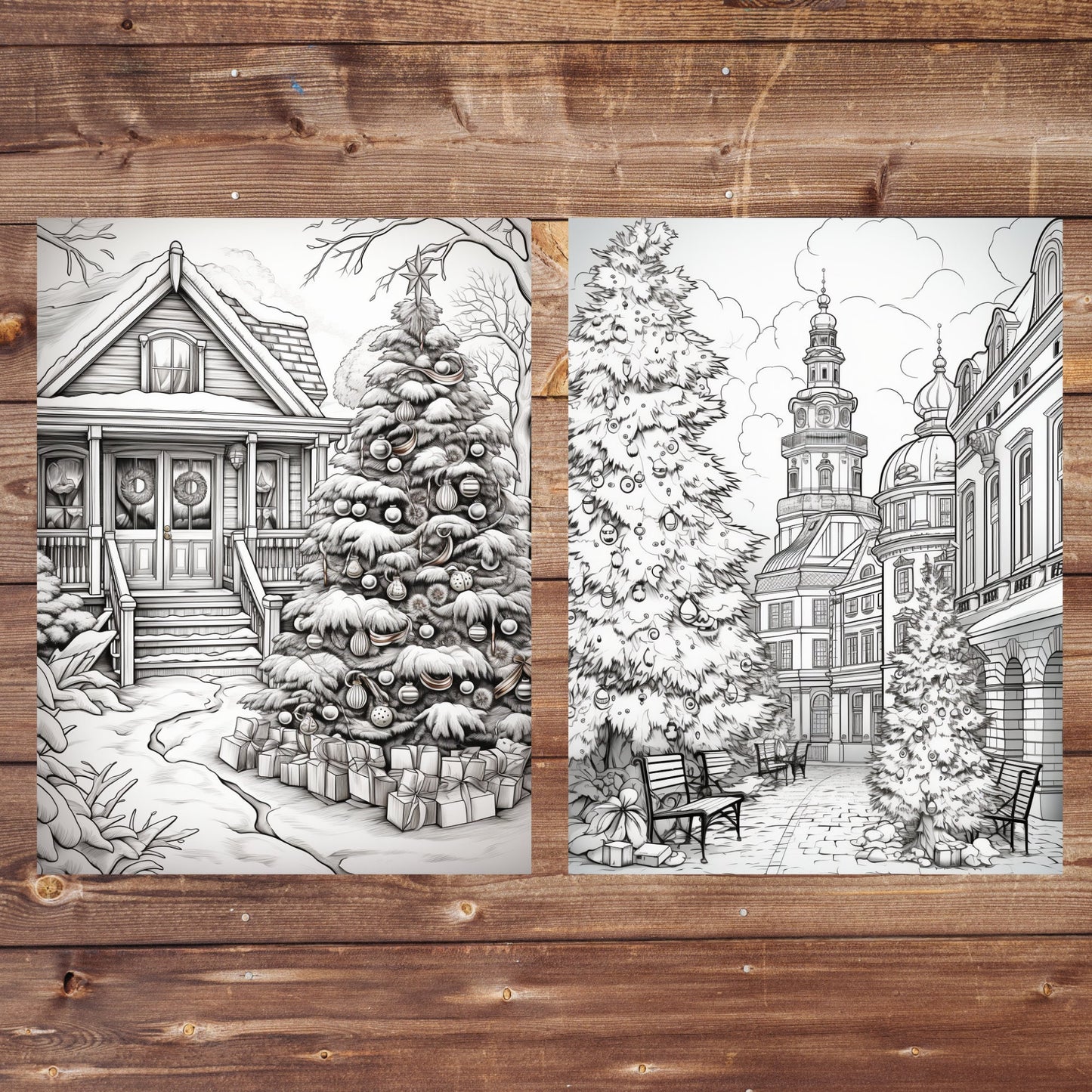 60+5 Christmas Coloring Book Bundle, Grayscale Printable PDF Christmas Houses Inside and Outside, Interiors Exteriors, Christmas Tree, Santa