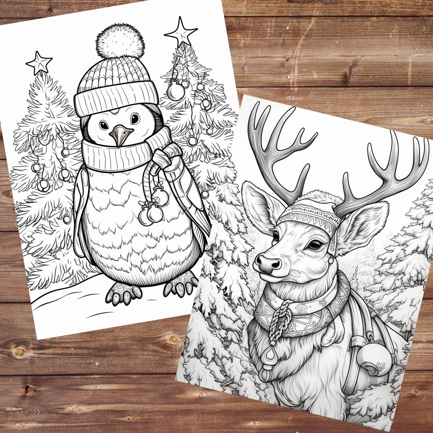 42 Christmas Animals Coloring Book, Grayscale Winter Animals Coloring for Adults and Kids, Printable PDF, Instant Download