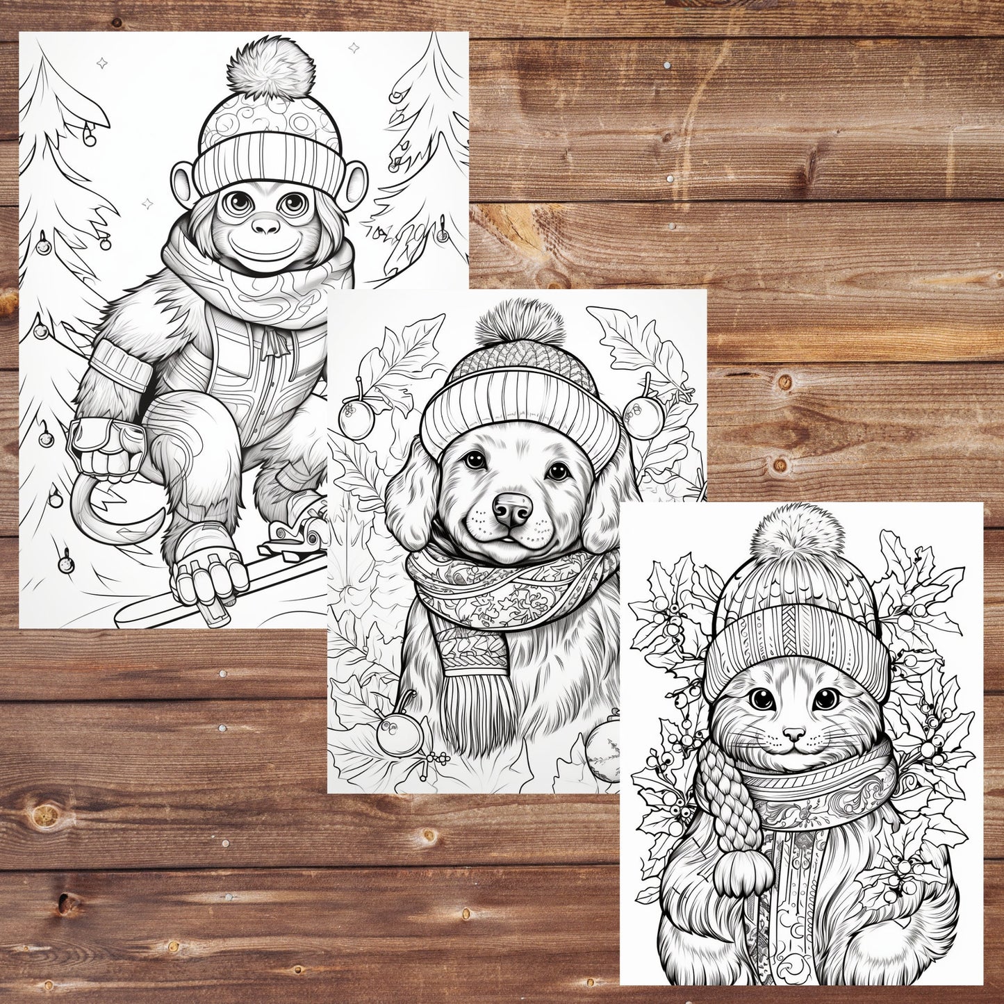 42 Christmas Animals Coloring Book, Grayscale Winter Animals Coloring for Adults and Kids, Printable PDF, Instant Download