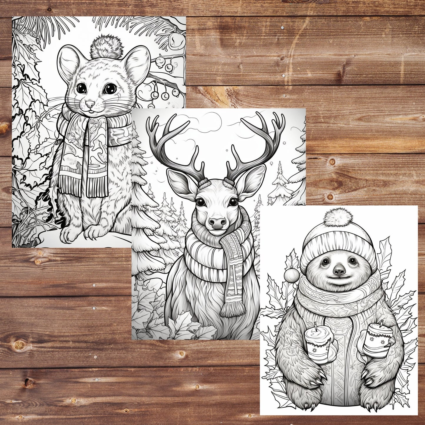 42 Christmas Animals Coloring Book, Grayscale Winter Animals Coloring for Adults and Kids, Printable PDF, Instant Download