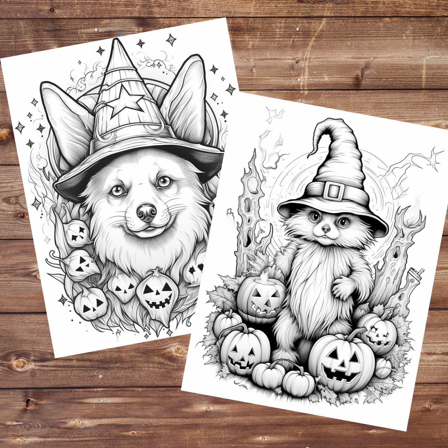 40 Halloween Animals Coloring Book, Printable Pumpkin Gothic Spooky Coloring, Grayscale Holiday Coloring for Adults and Kids