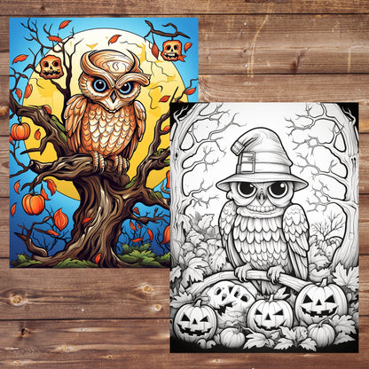 40 Halloween Animals Coloring Book, Printable Pumpkin Gothic Spooky Coloring, Grayscale Holiday Coloring for Adults and Kids