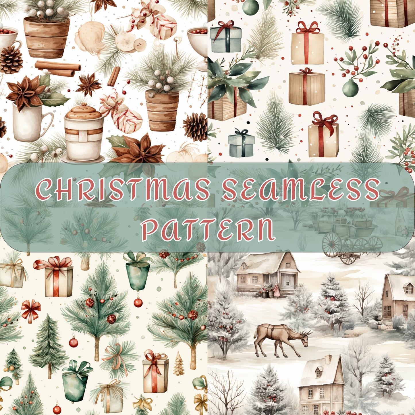 Watercolor Christmas Seamless Pattern, Digital Download