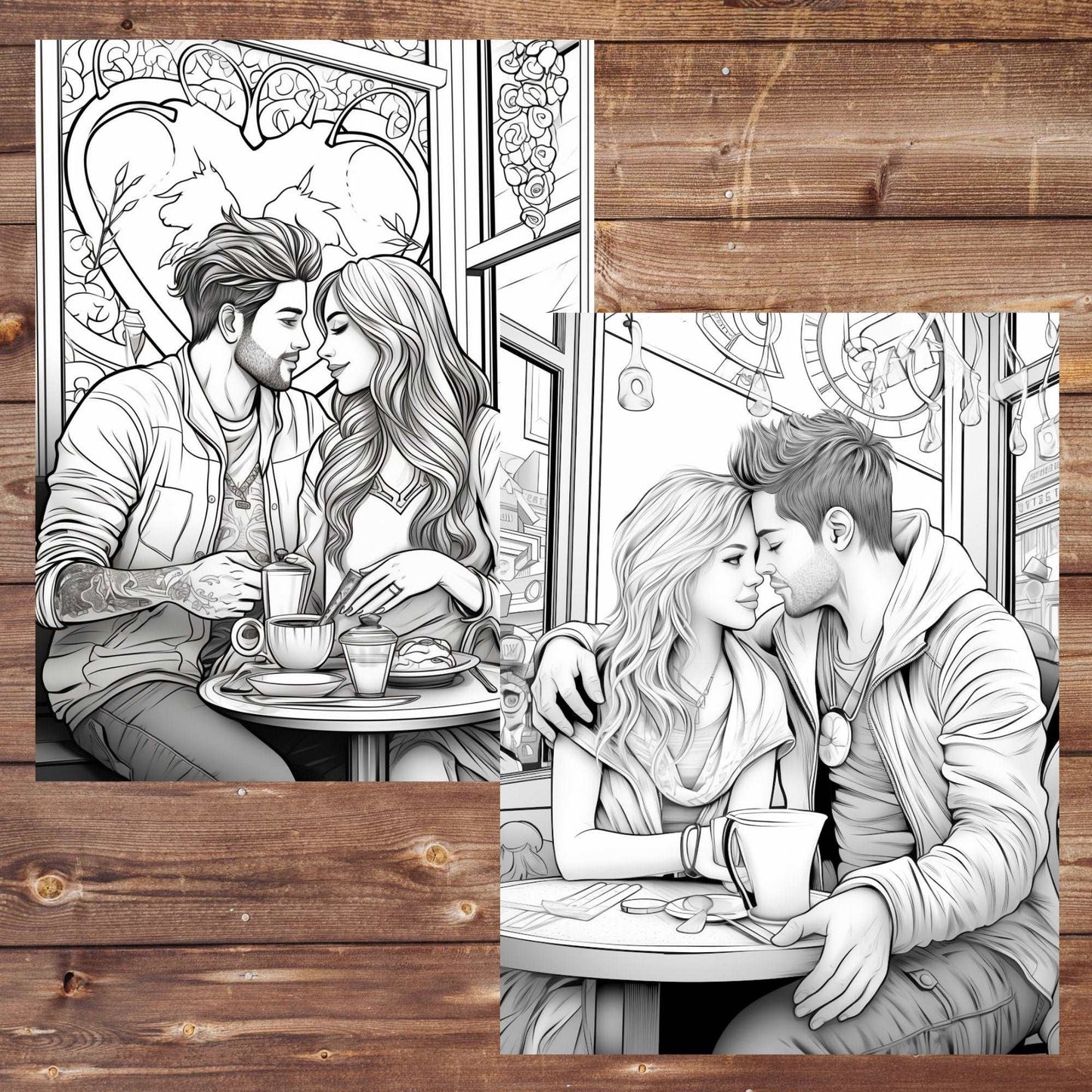 30 Valentine's Day Coloring Book, Grayscale Printable Couples Coloring for Adults and Teens, Romantic Dinner, Paris Rome, Instant Download