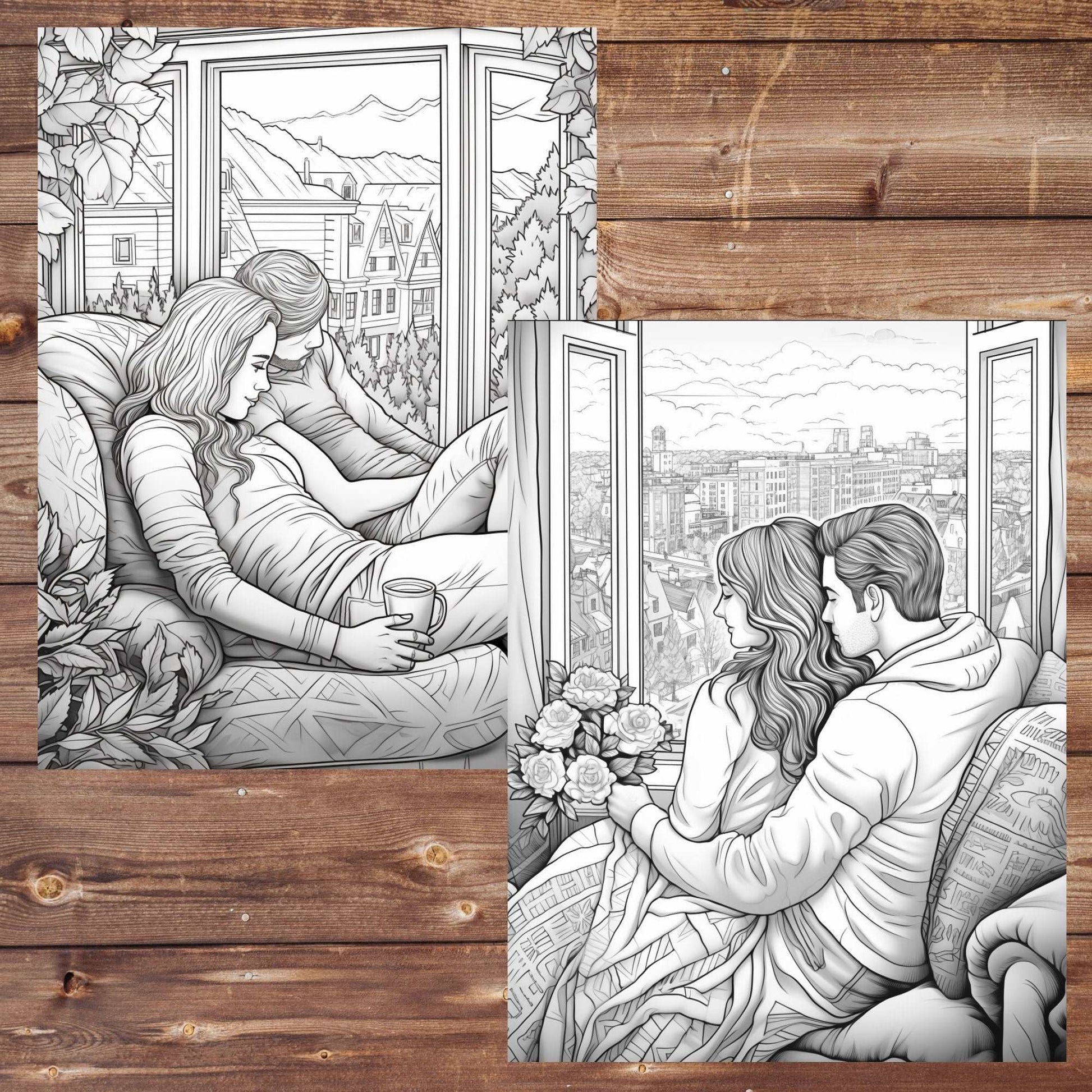 30 Valentine's Day Coloring Book, Grayscale Printable Couples Coloring for Adults and Teens, Romantic Dinner, Paris Rome, Instant Download