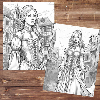 30 Medieval Women Coloring Book, Grayscale Printable Beautiful Women Coloring, Historical Beauties, Corset Coloring, Medieval Dresses Town