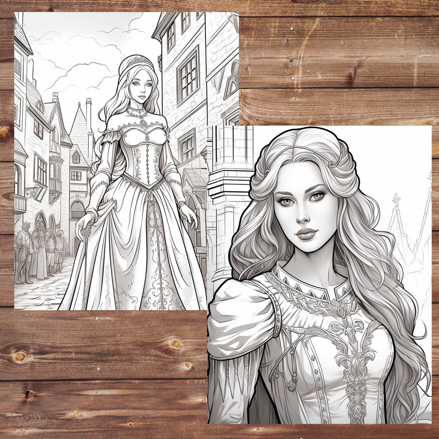 30 Medieval Women Coloring Book, Grayscale Printable Beautiful Women Coloring, Historical Beauties, Corset Coloring, Medieval Dresses Town