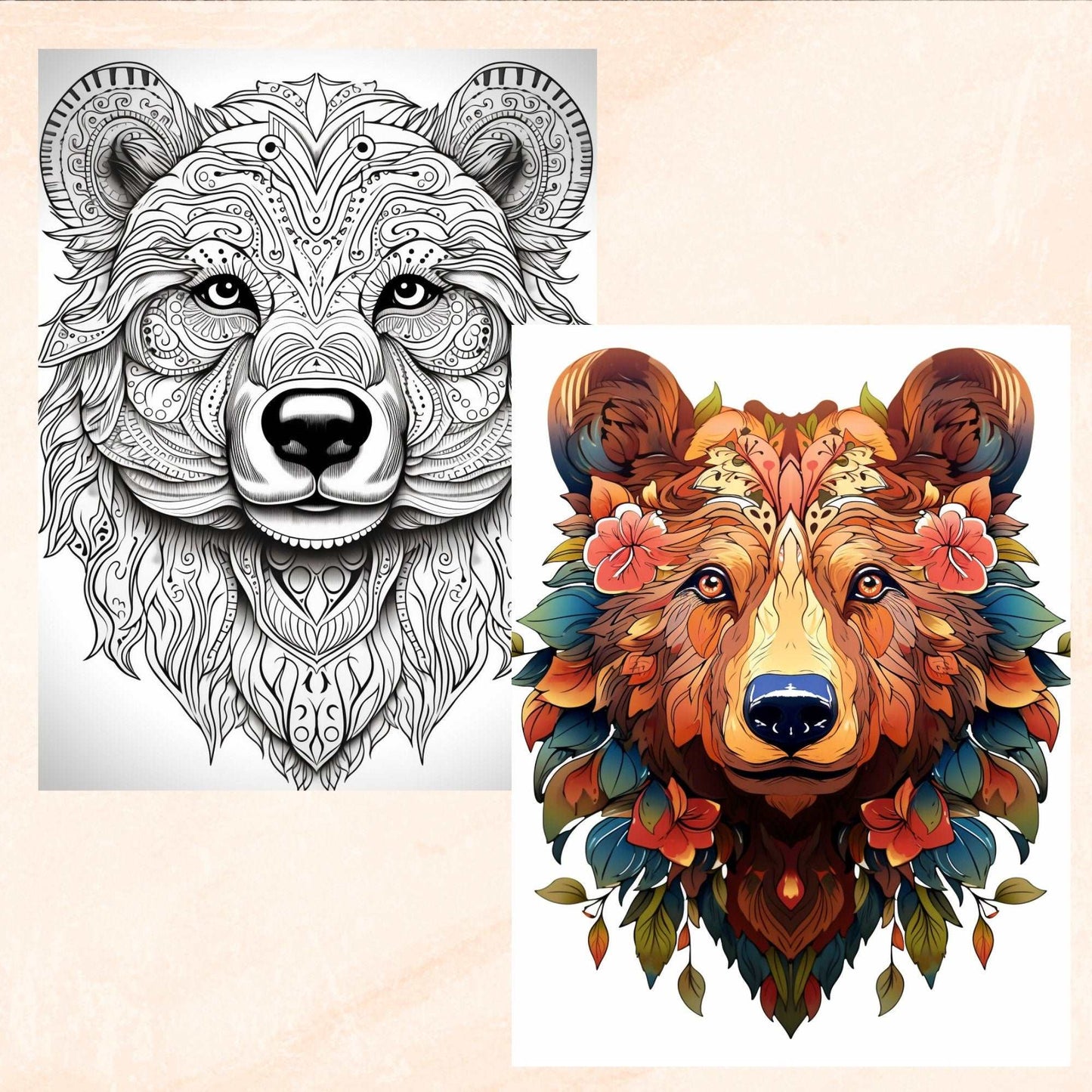 30 Mandala Animals Coloring Book, Grayscale Fantasy Animals and Flowers Coloring for Adults and Kids, Printable PDF, Instant Download