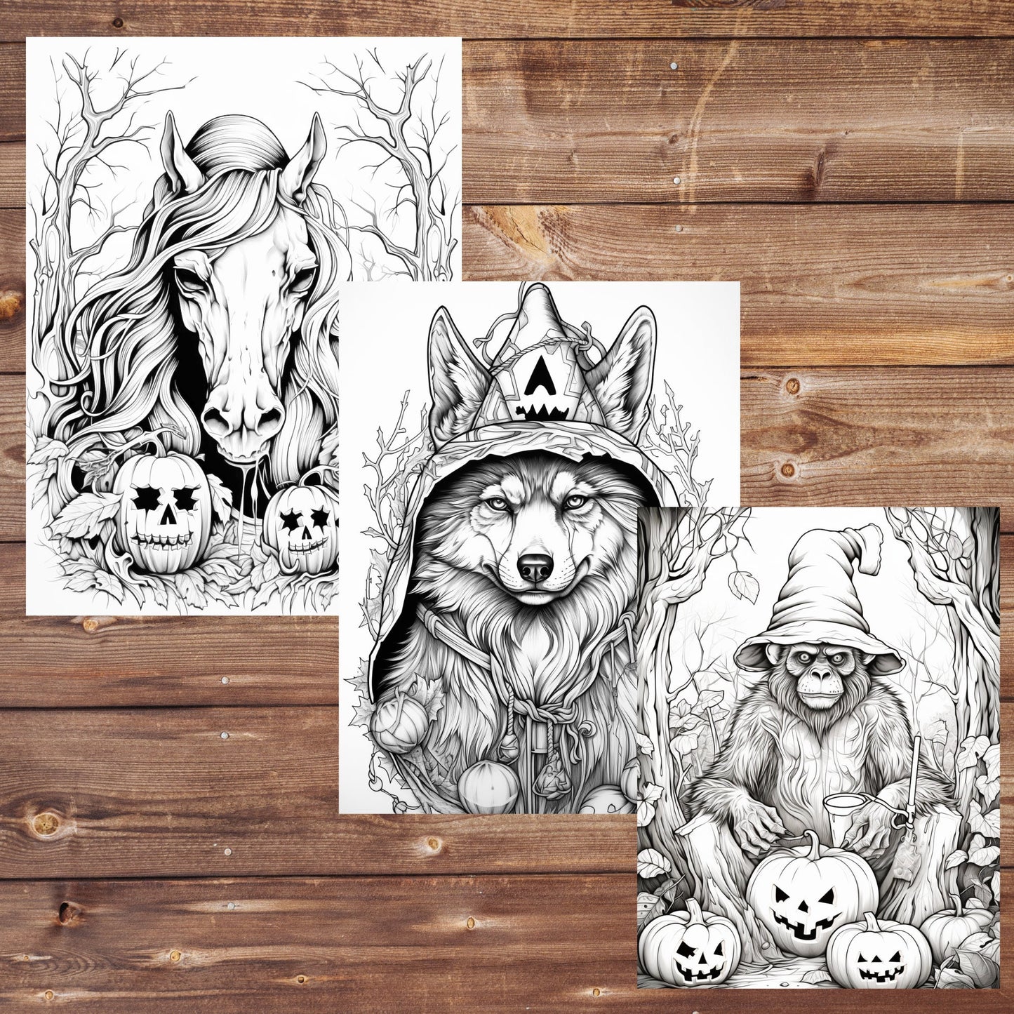 40 Halloween Animals Coloring Book, Printable Pumpkin Gothic Spooky Coloring, Grayscale Holiday Coloring for Adults and Kids