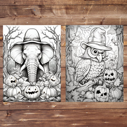 40 Halloween Animals Coloring Book, Printable Pumpkin Gothic Spooky Coloring, Grayscale Holiday Coloring for Adults and Kids