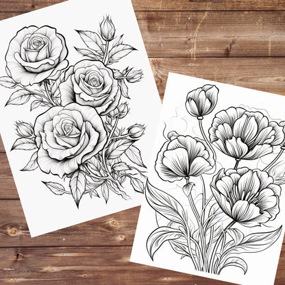 40 Blossom Magic Coloring Book, Grayscale Beautiful Flowers Coloring Adults and Kids, Floral, Flower Bundle, Printable PDF, Instant Download