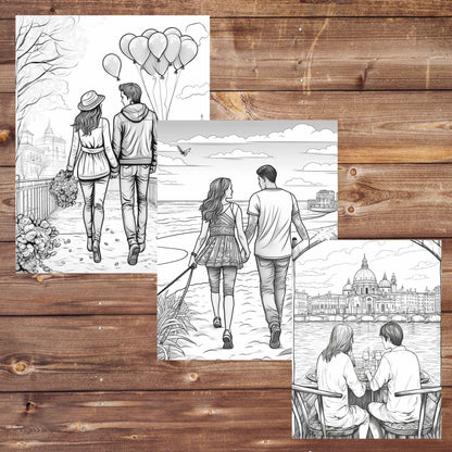 30 Valentine's Day Coloring Book, Grayscale Printable Couples Coloring for Adults and Teens, Romantic Dinner, Paris Rome, Instant Download